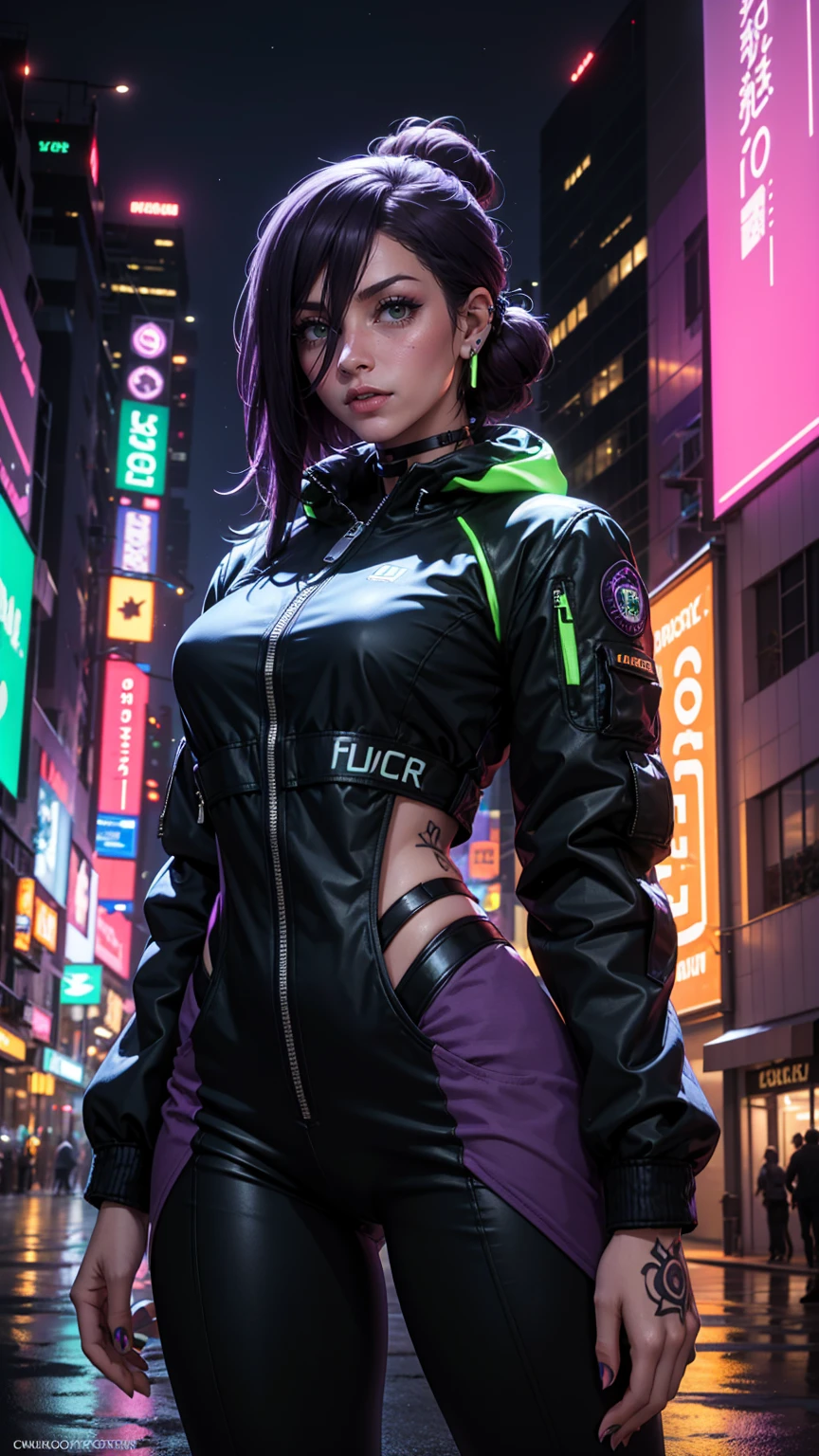 Beautiful woman is shown to have a tiny figure, colorful hair, wearing future purple cyber city clothes, big purple colorful puffy jacket, lots of facial piercings, tattoos, neon city, cybernetics, she has green eyes, sexy session, elegant posing, cowboy shot, superior quality, many details, realistic,