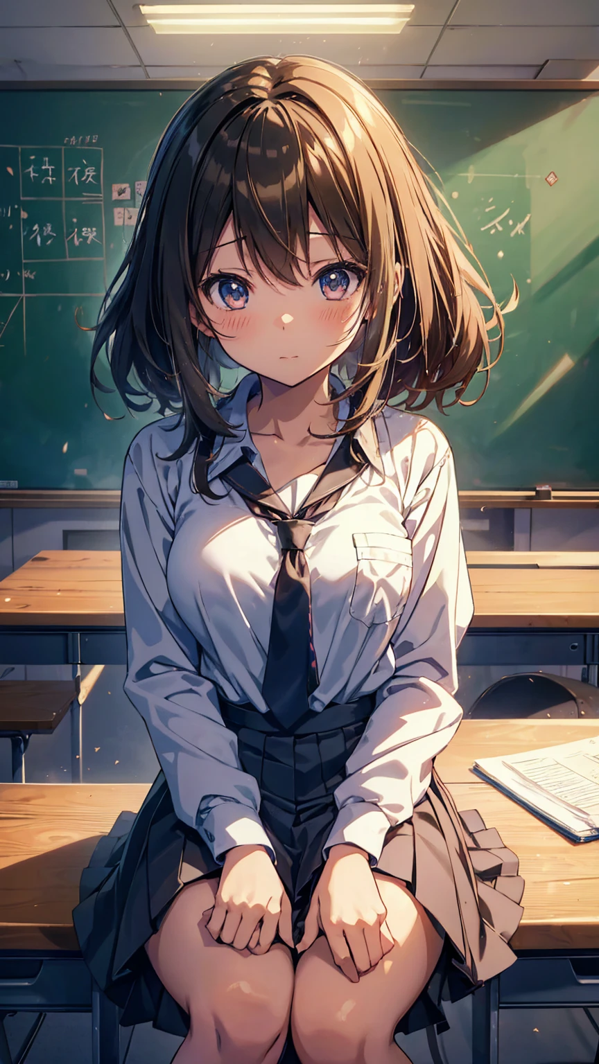 have a blackboard、Anime girl sitting on the desk in the classroom, beautiful anime high school girl, Cute anime girl, Anime visuals of cute girls, Seductive Anime Girl, anime moe art style, beautiful anime girl squatting, Anime Best Girl, Smooth Anime CG Art, charming anime girls, a hyperrealistic schoolgirl, pretty anime girl, young anime girl pervert