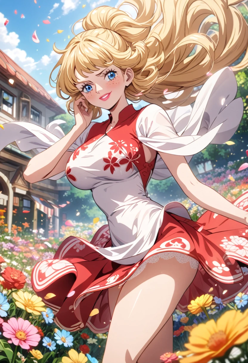 ANIME STYLE,  one piece female character , pink lips,  subtle freckles under the eyes , blue eyes, blush on the cheeks, expressing happiness,  very long blond hair, Long FRINGE,  big boobs,  High resolution, Necessary,  wearing a white and red dress that matches spring,  the skirt of the dress moves with the movement of the wind breeze , Flower garden, flower petals flying ,  detailed bottom 