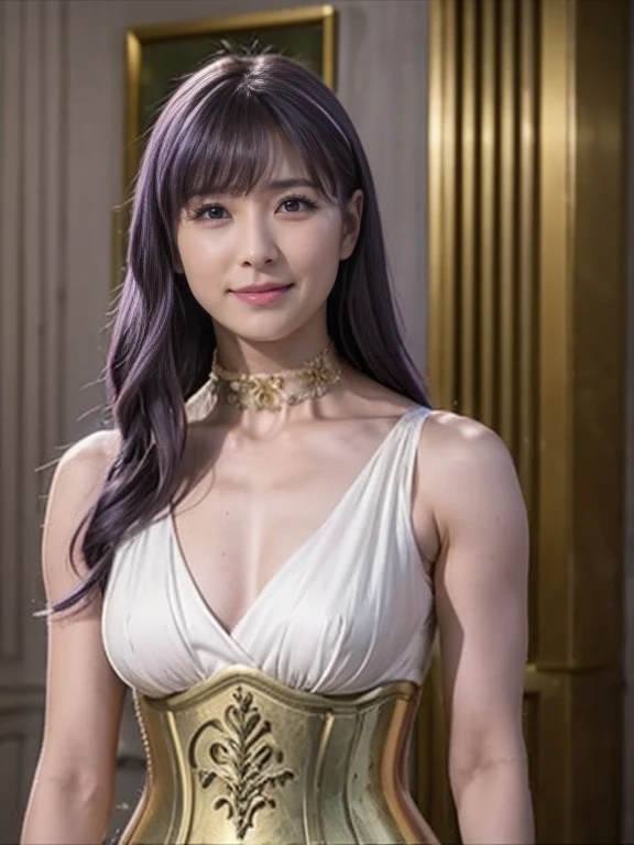 Sasha,  purple hair, Long Hair, green eyes, White Dress,  choker,  Long Dress  , Sleeveless, Bare Shoulder,  clevis, clavicle, Gold Accessories, corset,  1 girl, Alone,  facing the viewers ,  is watching viewers,  upper body, smile.