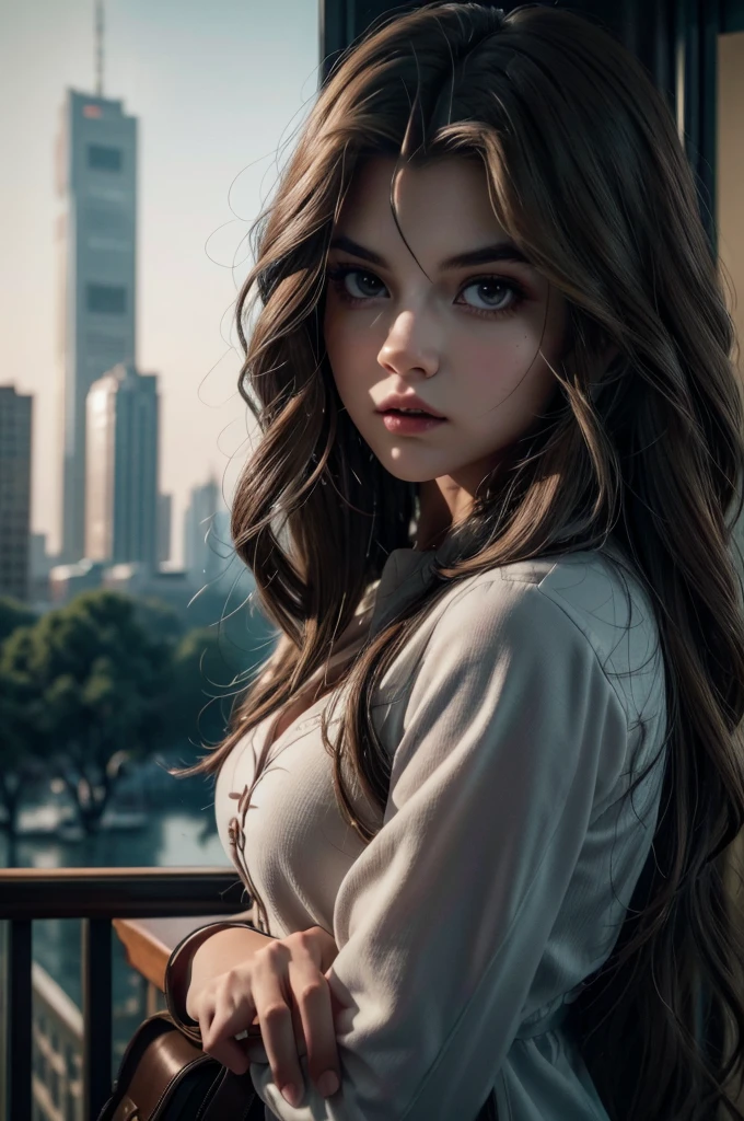 a girl with wavy brown hair, beautiful detailed eyes, beautiful detailed lips, extremely detailed face, longeyelashes, elegant expression, (best quality,4k,8k,highres,masterpiece:1.2),ultra-detailed,(realistic,photorealistic,photo-realistic:1.37),cinematic lighting,dramatic shadows,melancholy mood,solo portrait,fashion portrait,intricate outfit details,suitcase in hand,city street background,skyscrapers in the distance,muted color palette,moody atmospheric lighting