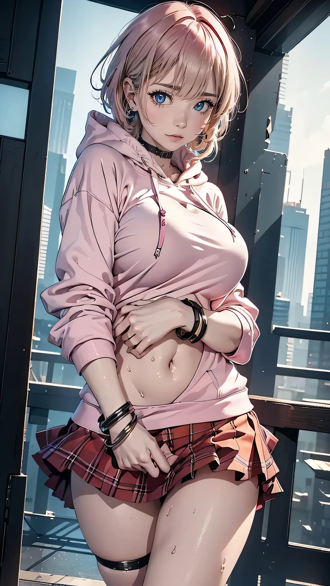 (NSFW),Professional Woman Photography, masutepiece, Super、Big, 1womanl, cyberpunk art background、Lover's perspective,  (sweat bangle: 1.3), blur backgroun, beautiful villain woman photo, ((Punk style)), pantyshot,Open front, Skirt, ((pink hoodie, Peach-colored hair)), Realistic, Beautiful lips, Brown eyes, Pink checked pleated skirt, of the highest quality, Ultra Detail, Naughty angles, long eyes, Mature beautiful face, Seductive eyes, Back lighting,