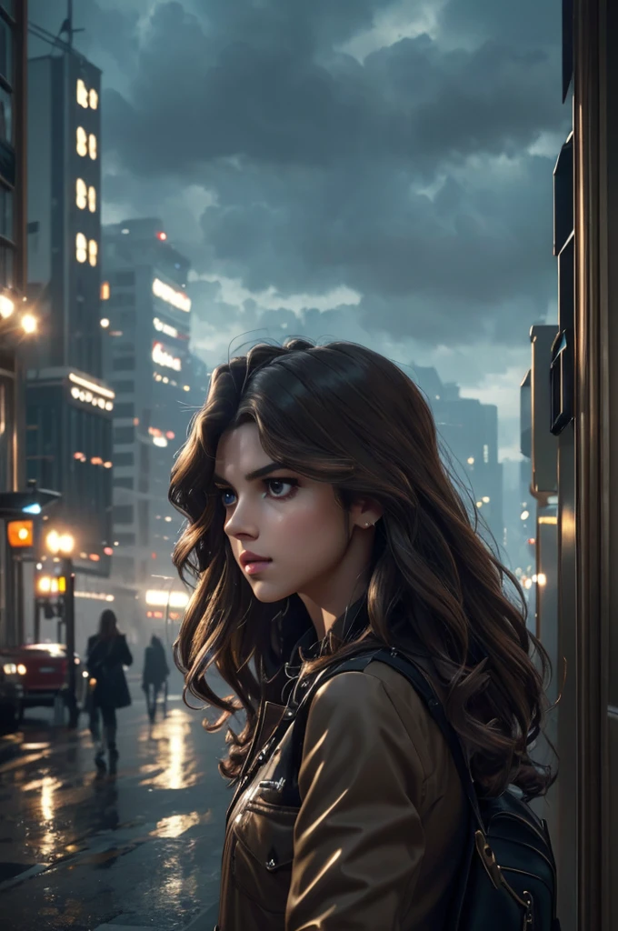 a girl with wavy brown hair, beautiful detailed eyes, beautiful detailed lips, extremely detailed face, longeyelashes, elegant expression, (best quality,4k,8k,highres,masterpiece:1.2),ultra-detailed,(realistic,photorealistic,photo-realistic:1.37),cinematic lighting,dramatic shadows,melancholy mood,solo portrait,fashion portrait,intricate outfit details,suitcase in hand,city street background,skyscrapers in the distance,muted color palette,moody atmospheric lighting
