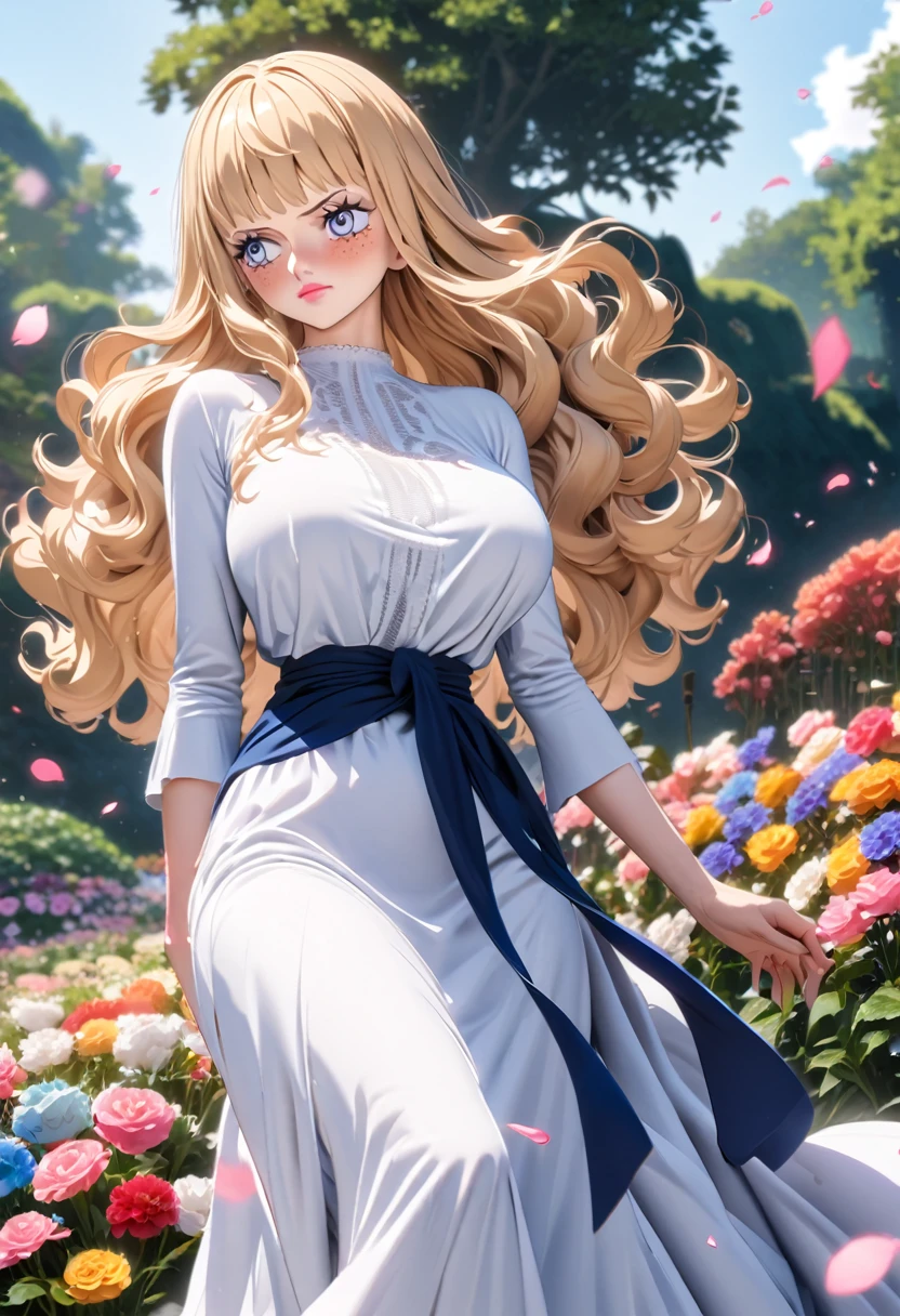 ANIME STYLE,  one piece female character , pink lips,  subtle freckles under the eyes , blue eyes, Blush on the cheekbone ,  calm very long blond hair , Long FRINGE,  big boobs,  High resolution, Necessary, HD model,   wearing a long dress in the color navy,  Wide belt at the waist , Flower garden,  flying flower petals ,  detailed bottom .