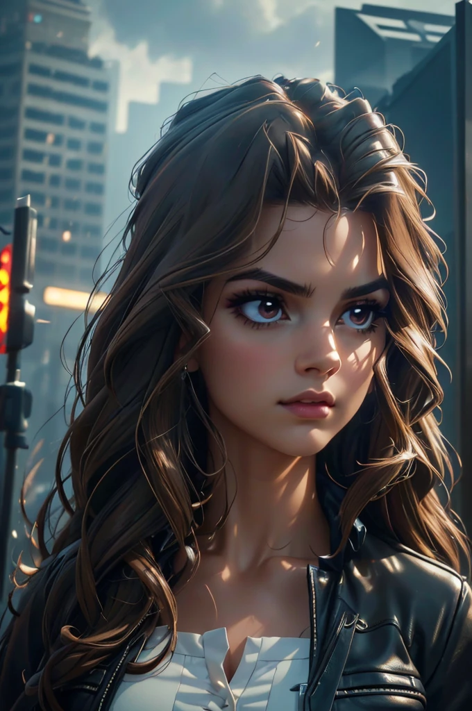 a girl with wavy brown hair, beautiful detailed eyes, beautiful detailed lips, extremely detailed face, longeyelashes, elegant expression, (best quality,4k,8k,highres,masterpiece:1.2),ultra-detailed,(realistic,photorealistic,photo-realistic:1.37),cinematic lighting,dramatic shadows,melancholy mood,solo portrait,fashion portrait,intricate outfit details,suitcase in hand,city street background,skyscrapers in the distance,muted color palette,moody atmospheric lighting
