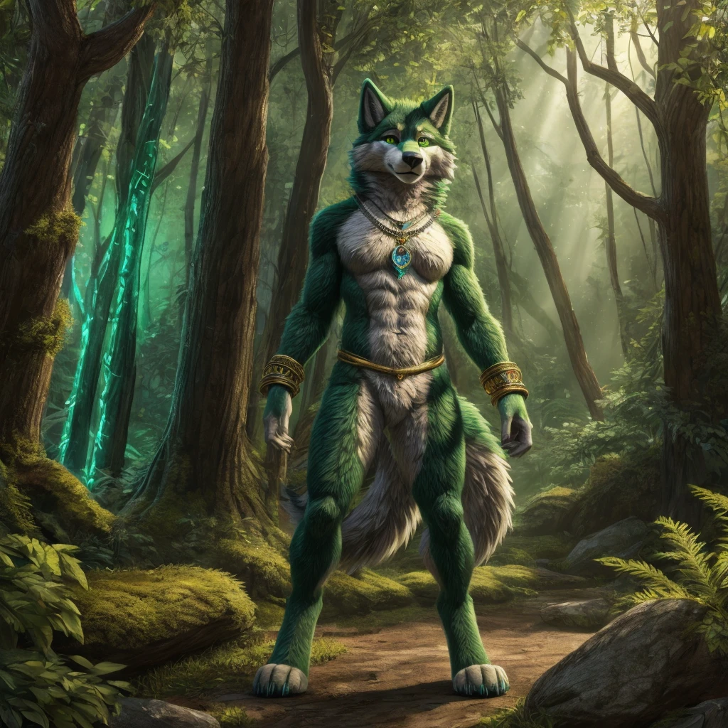  anthro green wolf with fur ,  furry detailed fur long fur realistic fur digital art, Fursuit, pelzige Fursona, furry character portrait, Fursuit!!!!, POV furry art, furry artist, furry character, Holo is a wolf , decorated bangle, Necklace, stands upright, Front view, (full body:1.3), Naked, in the forest