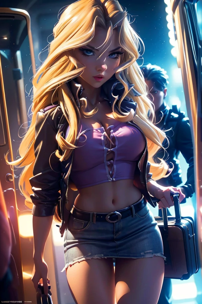 a beautiful blonde woman, Mai Valentine, sad, carrying suitcases, seductive top, mini skirt, sad, arriving in new york, new york city, detailed face, beautiful eyes, gorgeous lips, long eyelashes, cinematic lighting, dramatic pose, moody atmosphere, (best quality,4k,8k,highres,masterpiece:1.2),ultra-detailed,(realistic,photorealistic,photo-realistic:1.37),intricate details, vibrant colors, dramatic lighting, professional photography, stunning portrait