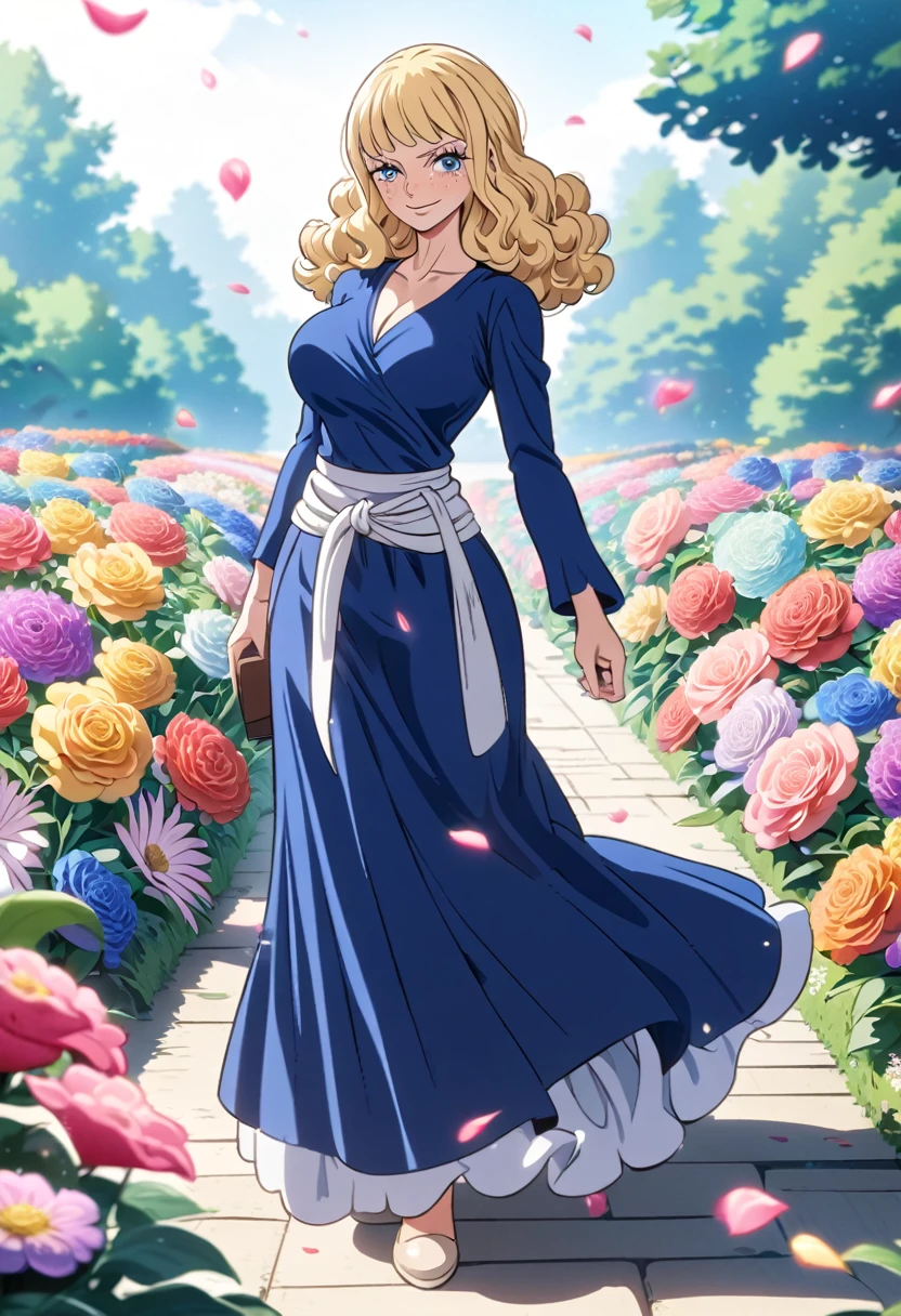 ANIME STYLE,  one piece female character , pink lips,  subtle freckles under the eyes , blue eyes, Blush on the cheekbone , calm expression, smiling,   long blond hair ,  big boobs,  High resolution, Necessary,  wearing a long dress in the color navy,  Wide belt at the waist , Flower garden, Walking flower petals flying,  detailed bottom .