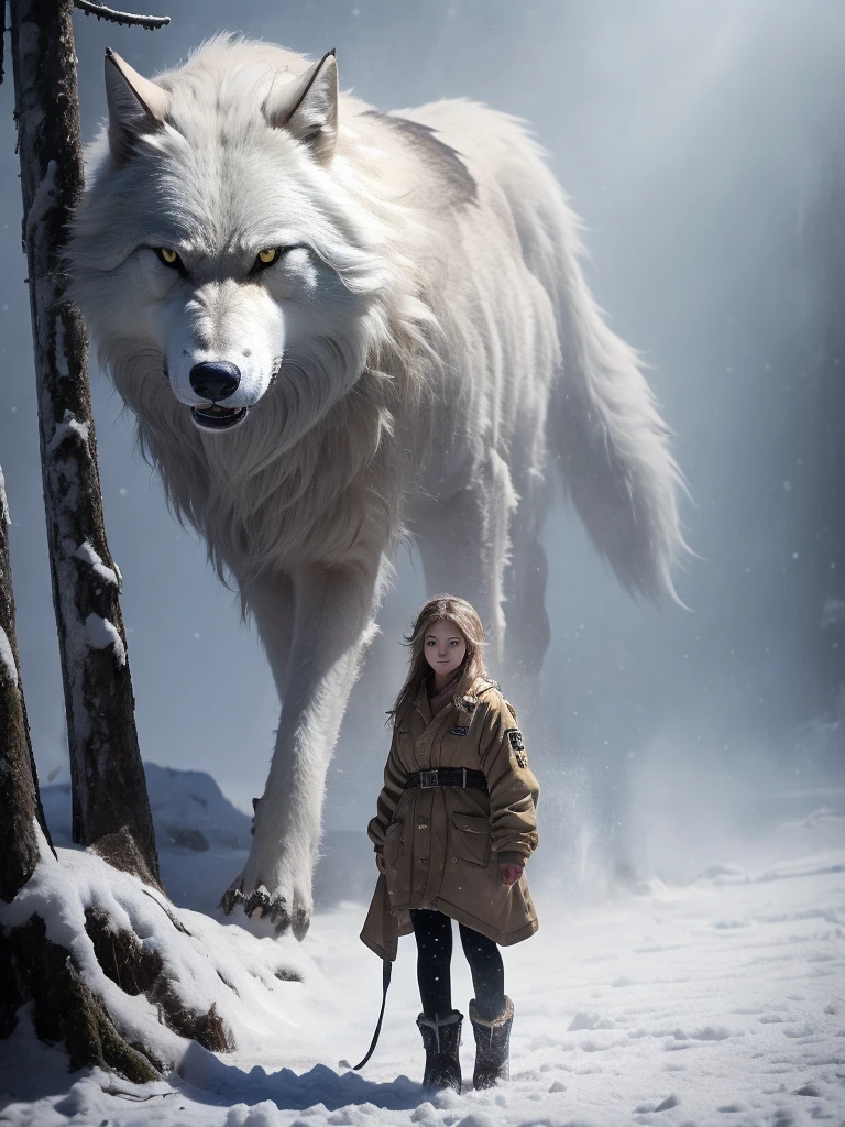 , a young cat girl wearing heavy equipment ，巨狼フェンリル， standing in front of the giant wolf Fenrir 。 has a forest sea snowfield spreading out in the background。