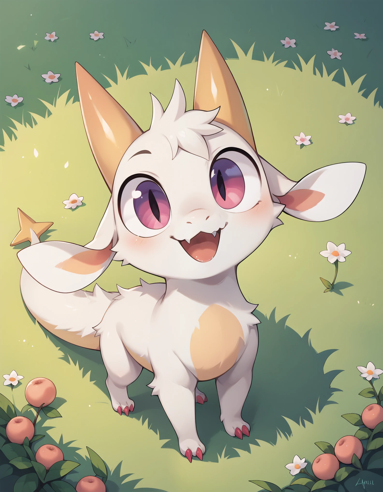 score_9, score_8_up, score_7_up, high detail, detailed background, grassy field, (dynamic angle), BREAK,
(Fwench fwy, furry dragon, feral, solo, short stature, white fur, peach colored horns, peach colored claws, 3fingers, flat-chested),  open mouth, smile,