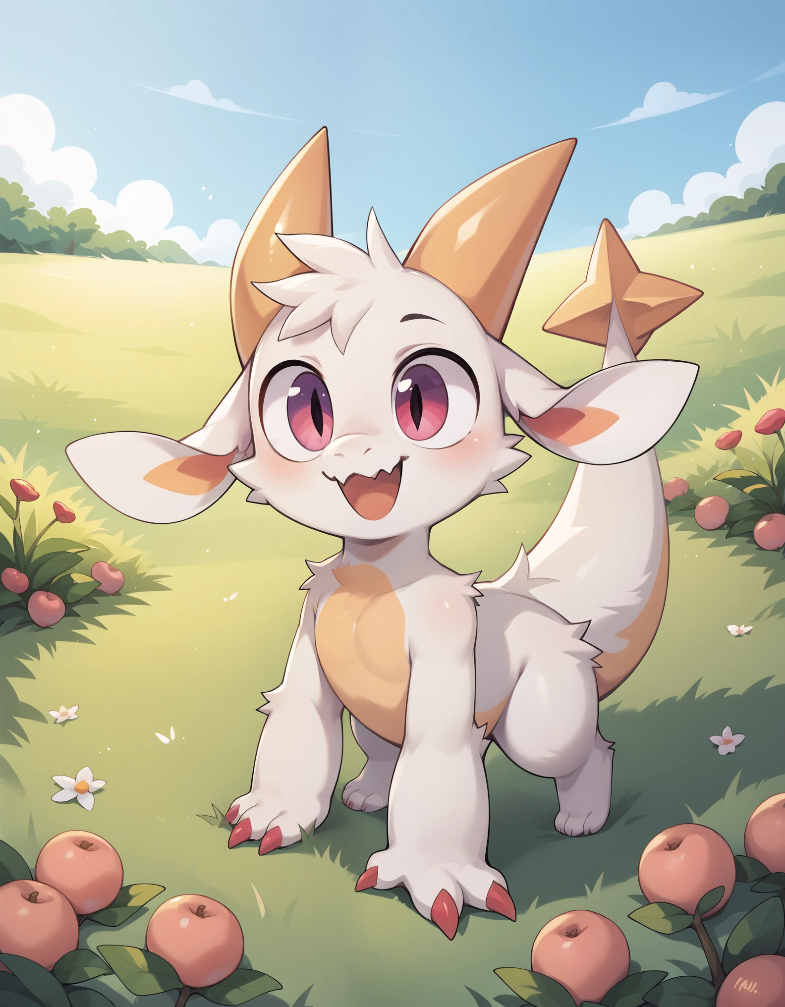 score_9, score_8_up, score_7_up, high detail, detailed background, grassy field, BREAK,
(Fwench fwy, furry dragon, solo, short stature, white fur, peach colored horns, peach colored claws, 3fingers, flat-chested),  open mouth, smile,