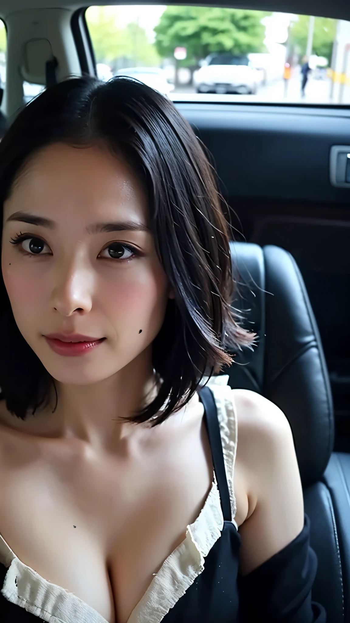 Mikako,((highest quality、8K resolution、master masterpiece、portrait:1.3)), Photoreal, 35mm film, 1 Japanese female, Upper body,Beautiful woman, 昼間のon the roadで, wrinkles around the eyes, plump body,long hair、smile、bangs,ponytail,((good_ :1.3)) , (on the road_Tokyo cityscape: 1.3), jumbled background,look at the audience