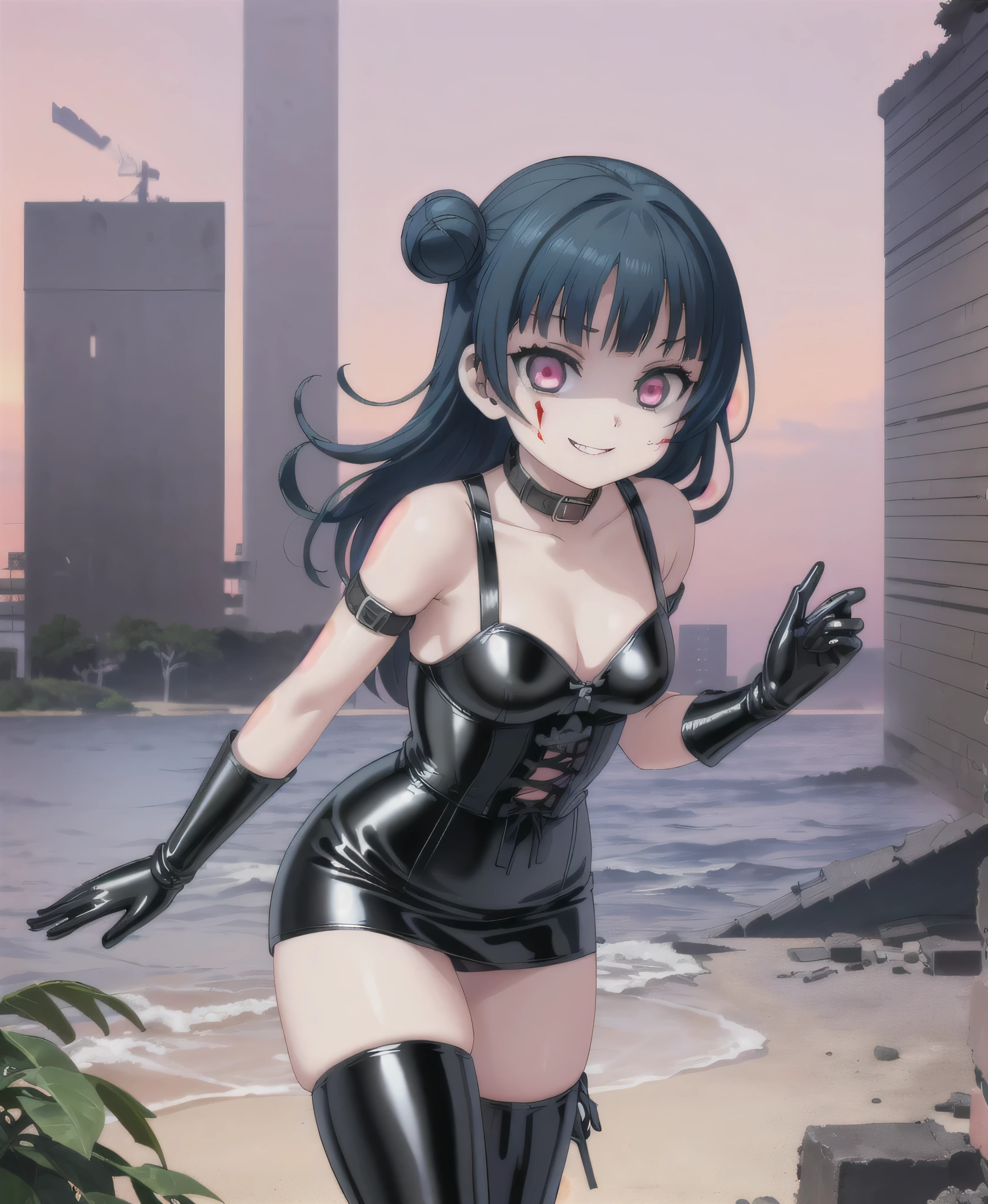 (masterpiece, best quality), 1girl, solo, Yoshiko Tsushima,black latex,very evil grin , ,,(((corset dress with shoulder straps)))、(((Black latex tight mini skirt:1.4)))、(((Black Thigh Boots)))、Stiletto heels、(((Black latex panties)))、(((Black latex bra)))、(((Black leather collar)))、(((black latex gloves)))bdsm,queen, ,looking down at viewer,tow hands,tow legs,ruins of darkness and pink light background,crazy violence,,very evil smile,dark energy,sea of copses and blood,shoot black lightning