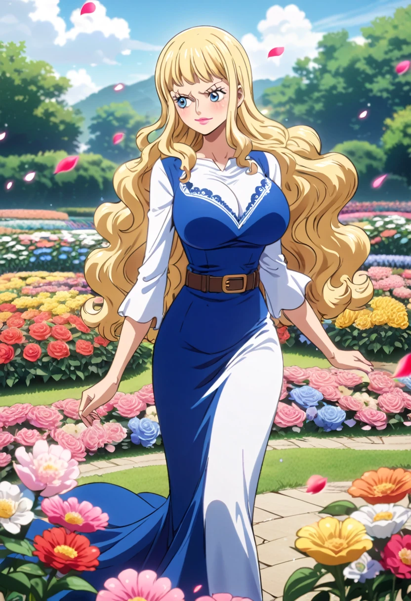 ANIME STYLE,  one piece female character , pink lips, blue eyes, Blush on the cheekbone , calm expression,,  long and straight blond hair,  big boobs,  High resolution, Necessary,  wearing a long dress in the color navy,  Wide belt at the waist , Flower garden, Walking flower petals flying,  detailed bottom .