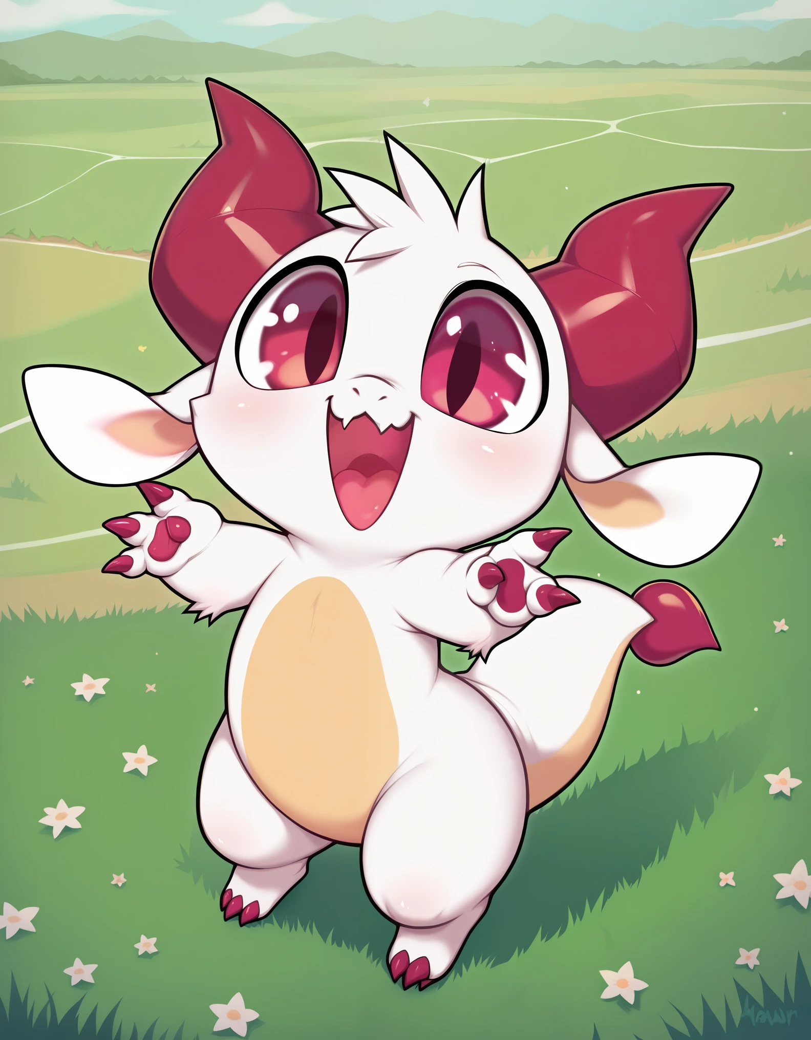 score_9, score_8_up, score_7_up, high detail, detailed background, grassy field, (dynamic angle), BREAK,
(Fwench fwy, furry dragon, feral, solo, short stature, white fur, peach colored horns, peach colored claws, 3fingers, flat-chested),  open mouth, smile,