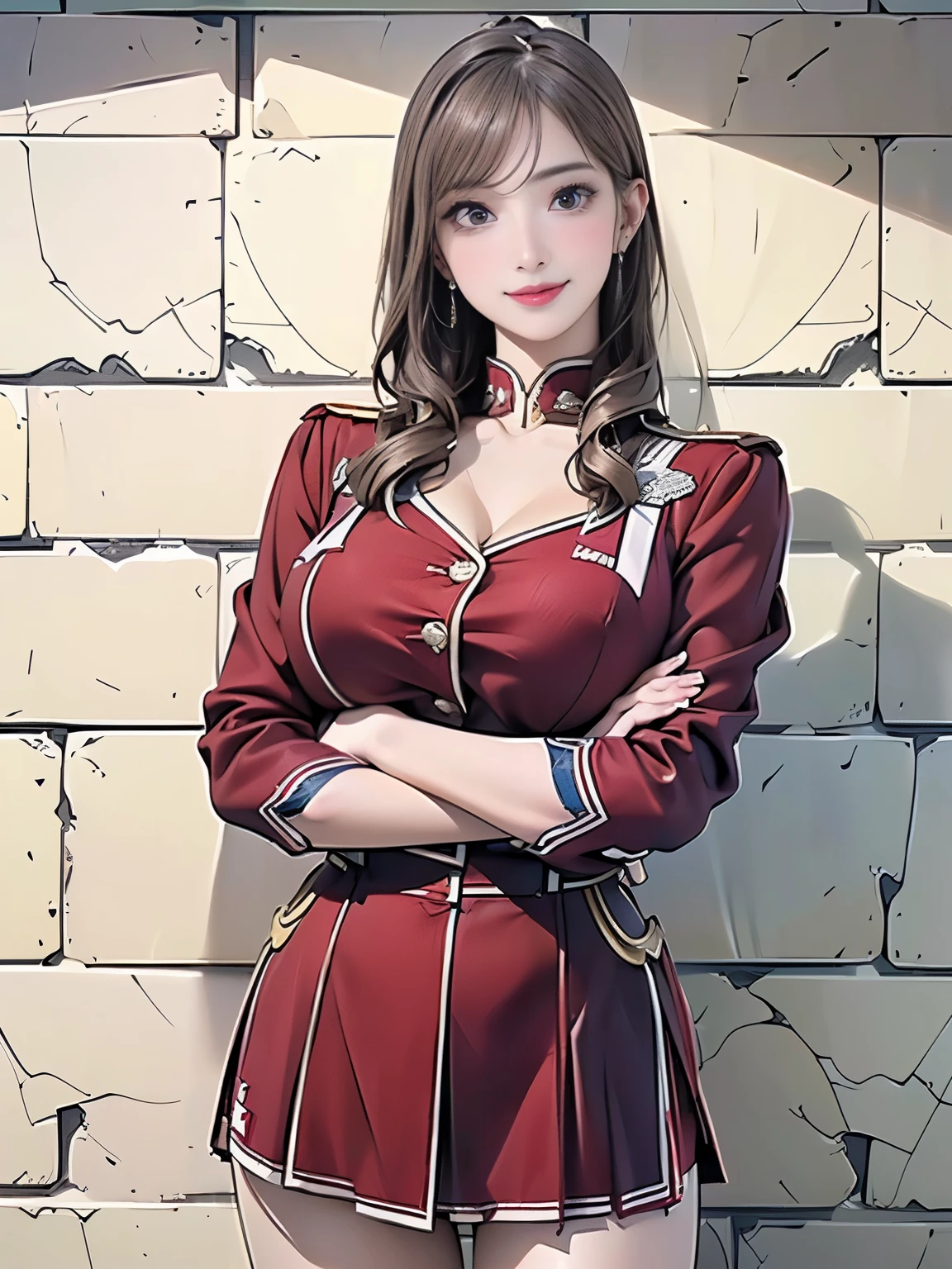 ((((Best Quality))))、(((Ultra-precision CG16K wallpaper)))、(((masterpiece)))、(((Super detailed)))、(((Extreme detail)))、((Mature 24 year old woman、alone:1.8))、((Very beautiful Japanese face))、(((Oval Face)))、((Straight bobbed hair 、bangs:1.8))、(Shiny brown hair)、(Sparkling Eyes)、Thin eyebrows、High nose、Small nostrils、Small Mouth、Seductive lips、((B cup size breasts))、((Beautiful breasts))、(( beautiful feet))、((Beautiful Skin))、( cleavage)、(Thin thighs)、 eight-headed body、 Perfect Proportions、 perfect anatomy、Perfect composition、 Beautiful Detailed Shading、 beautiful natural lighting 、 beautiful details glow 、 depth of field 、(((High chroma)))、((( real:1.9)))、(((sharp:1.5)))、(((Full screen image:1.6)))、((( cowboy shot:1.6)))、(((Front image:1.6)))、(((smile:1.2)))、(((looking at me:1.6)))、Bright sunlight in the daytime、Natural Light、(((background_Brick wall:1.4)))、( standing pose:1.6)、(((Valcourt /Celia's red uniform:1.6)))、((Wearing earrings:1.5))、