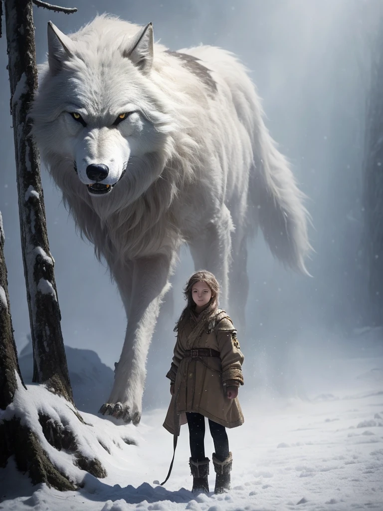 A young girl wearing heavy armor，stand in front of The Giant Wolf Fenrir，In the background is the forest sea snow field