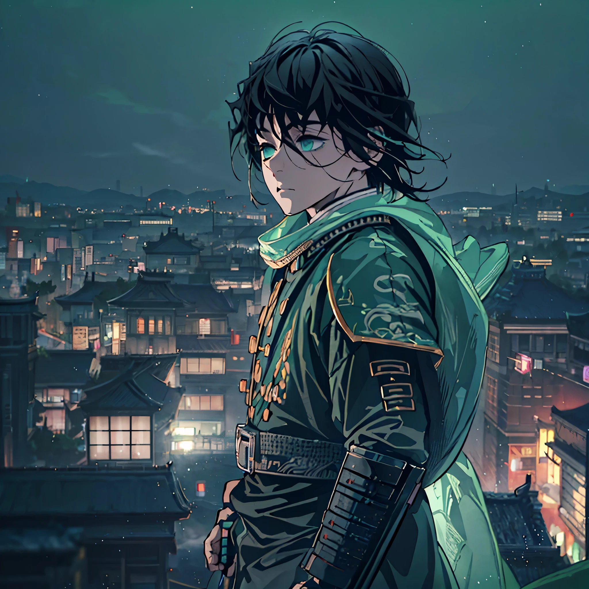 A samurai boy with semi-long black hair, large mint green eyes, serene expression, standing on a rooftop in the city at night, surrounded by mist, (best quality, 4k, high resolution, masterpiece:1.2), ultra-detailed, (realistic, photorealistic:1.37), dynamic angle, softly glowing city lights, atmospheric lighting, moody ambiance, intricate armor details, contrasting shadows, subtle colors