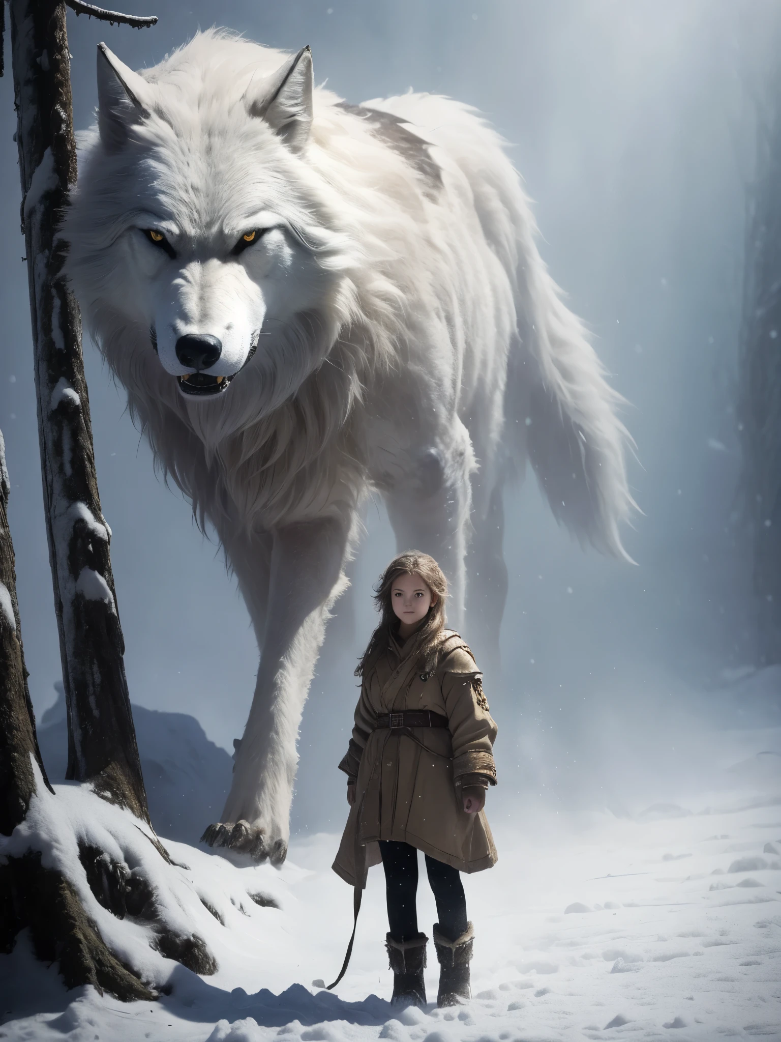 A young girl wearing heavy armor，stand in front of The Giant Wolf Fenrir，In the background is the forest sea snow field