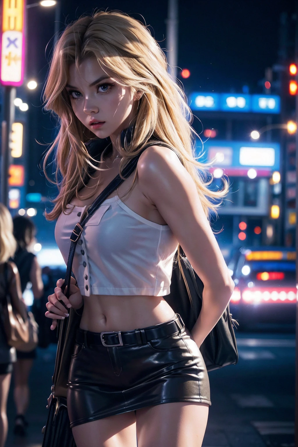 a beautiful blonde woman, Mai Valentine, sad expression, carrying suitcases, seductive top, mini skirt, arriving in New York City, city skyline, cinematic lighting, dramatic shadows, warm colors, photorealistic, highly detailed, hyperrealistic, 8k, best quality, masterpiece, 1girl, extremely detailed eyes and face, sharp focus, physically-based rendering, vivid colors, female protagonist, urban environment, fashion photography, emotional narrative, dramatic lighting