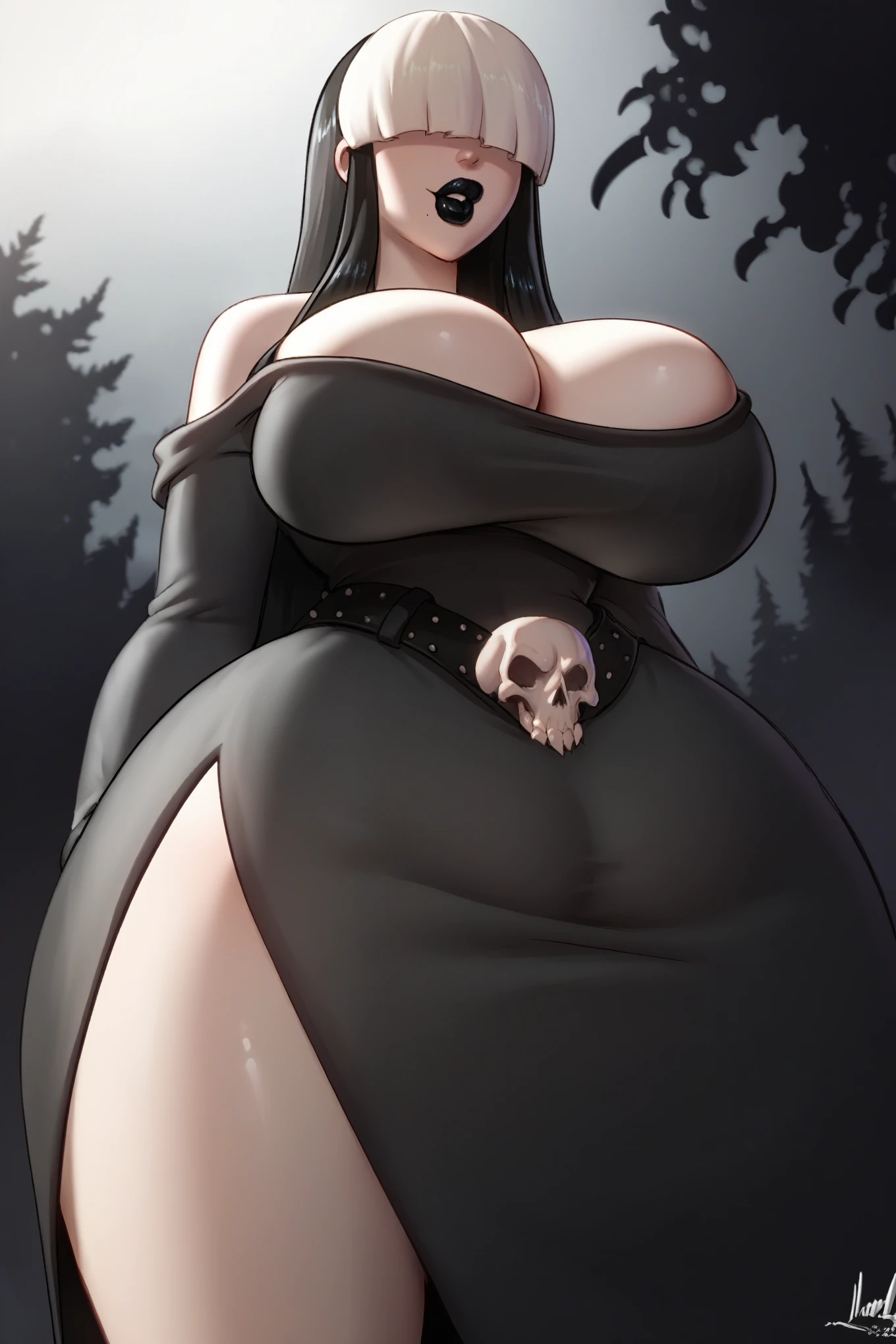 score_9, score_8_up, score_7_up, score_6_up, source_anime, nsfw,  BREAK 1girl gothmom, close up from below, multicolored hair, dark background, dark forest creepy background, hair over eyes, black lipstick, black dress, slim, boobs, aroala slightly visible, long sleeves, belt, bare shoulders, cleavage, small waist, bare slender thighs, ass, teasing viewer, able to see ass from the front, gothmom is trying to crush viewer, squating, legs open, flashing her thong, wearing tight thong, skull between breasts, smile, facing viewer, 