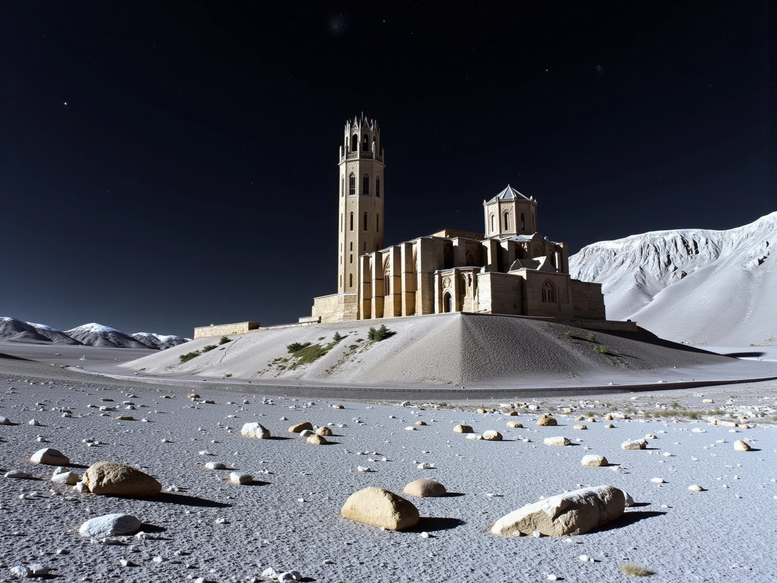 The Seu Vella cathedral majestically perched on a mountain on the lunar surface, surrounded by a vast, white lunar landscape with detailed craters and rocky textures stretching to the horizon. Above, the sky reveals the depths of outer space, filled with stars, distant planets, and a few comets trailing across the view. The entire lunar sphere is visible, bathed in soft, ethereal light, enhancing the cathedral’s ancient stone structure against the stark, surreal lunar backdrop. The contrast between the historic architecture and the otherworldly moonscape creates an awe-inspiring and cinematic atmosphere