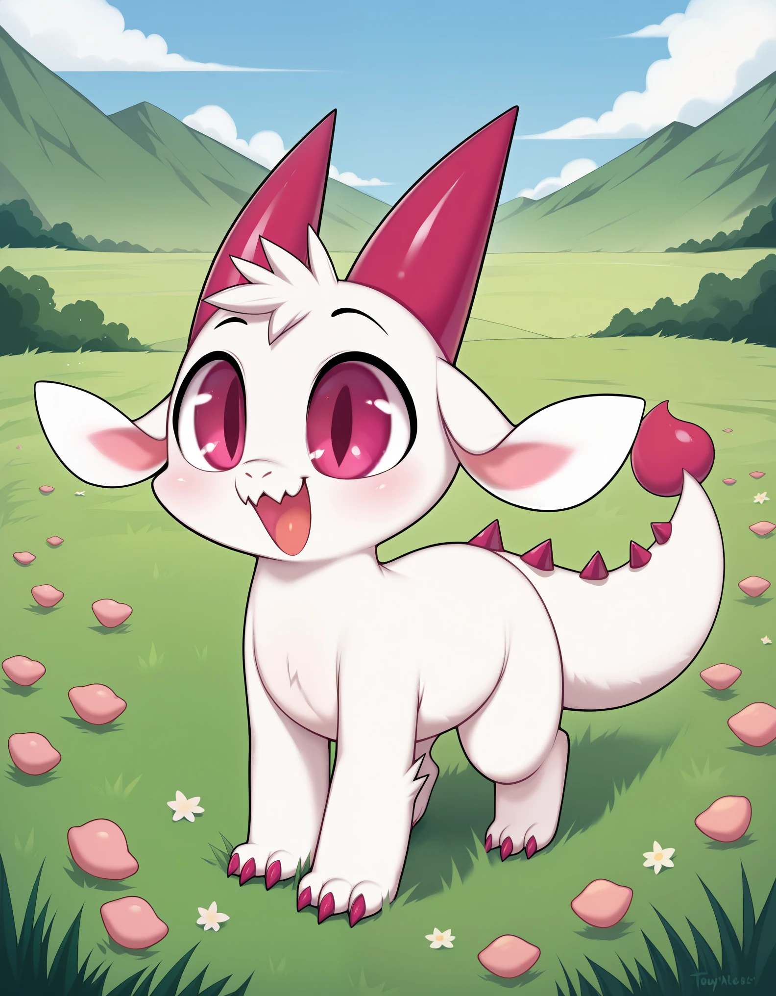 score_9, score_8_up, score_7_up, high detail, detailed background, grassy field, BREAK,
(Fwench fwy, furry dragon, solo, short stature, white fur, peach colored horns, peach colored claws, 3fingers, flat-chested),  open mouth, smile,