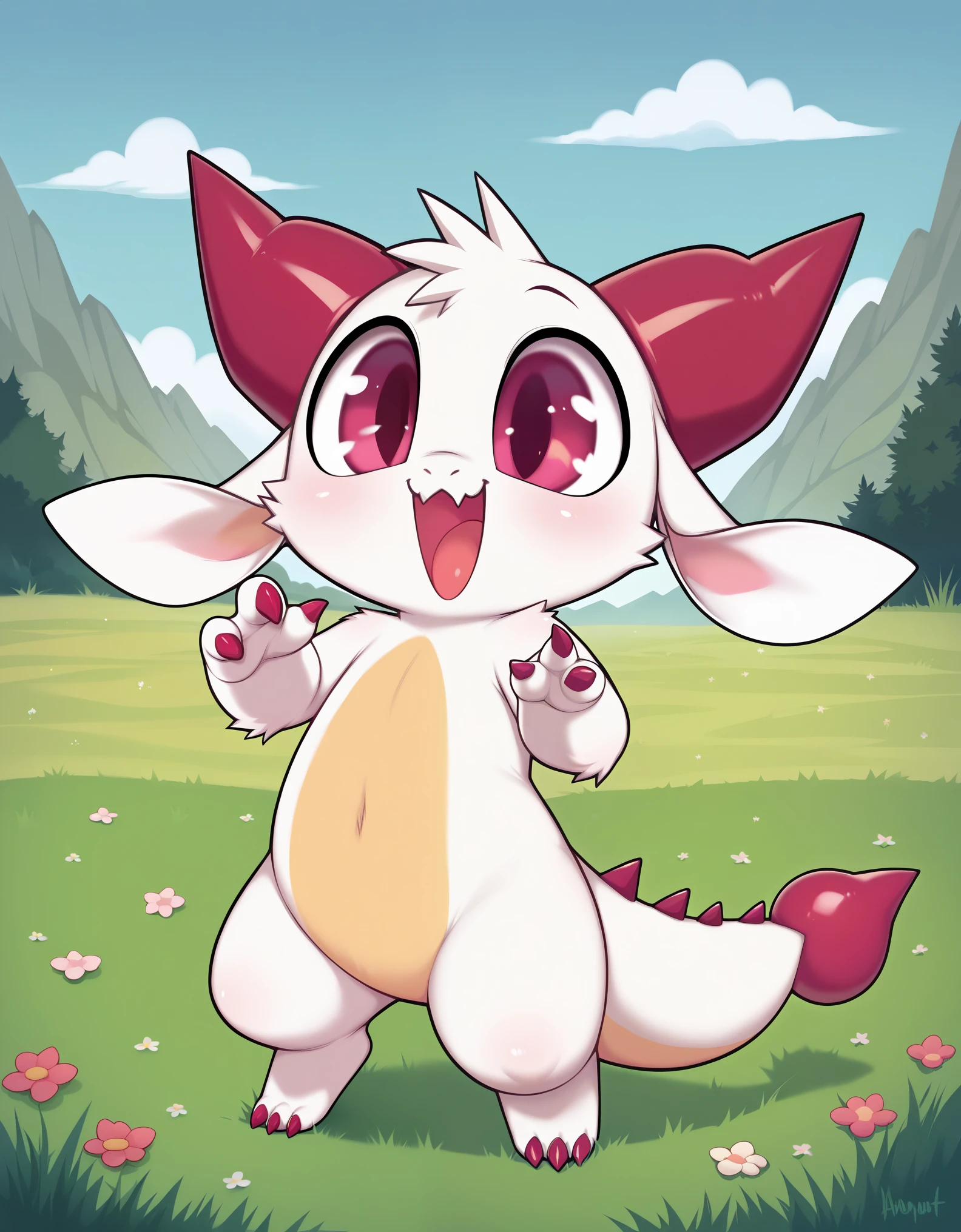 score_9, score_8_up, score_7_up, high detail, detailed background, grassy field, BREAK,
(Fwench fwy, furry dragon, solo, short stature, white fur, peach colored horns, peach colored claws, 3fingers, flat-chested),  open mouth, smile,