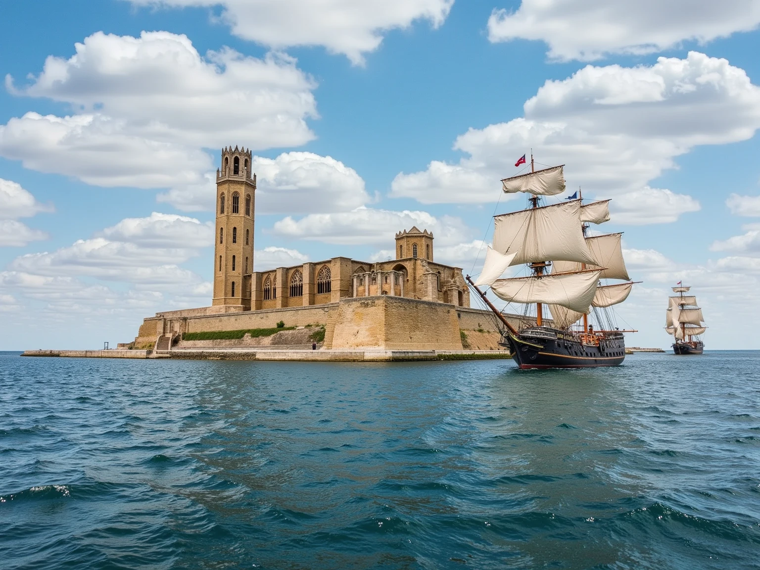 The Seu Vella cathedral standing imposingly on a small island in the middle of a vast ocean, surrounded by pirate ships with tall masts and billowing sails. The ultra-realistic scene captures the ancient stone architecture of the cathedral with intricate detail, contrasting beautifully against the open sea. Pirate ships circle the island, their weathered wood and iconic flags adding a sense of adventure and mystery. Gentle waves lap against the shore, and the sky is partly cloudy, casting dynamic light across the water and creating a cinematic atmosphere around the cathedral and ships