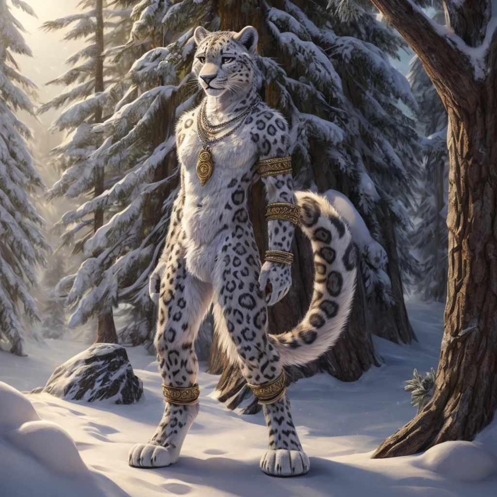 Anthro snow leopard with fur,  furry detailed fur long fur realistic fur digital art, Fursuit, pelzige Fursona, furry character portrait, Fursuit!!!!, POV furry art, furry artist, furry character, decorated bangle, Necklace, stands upright, Front view, (full body:1.3), Naked, in the forest