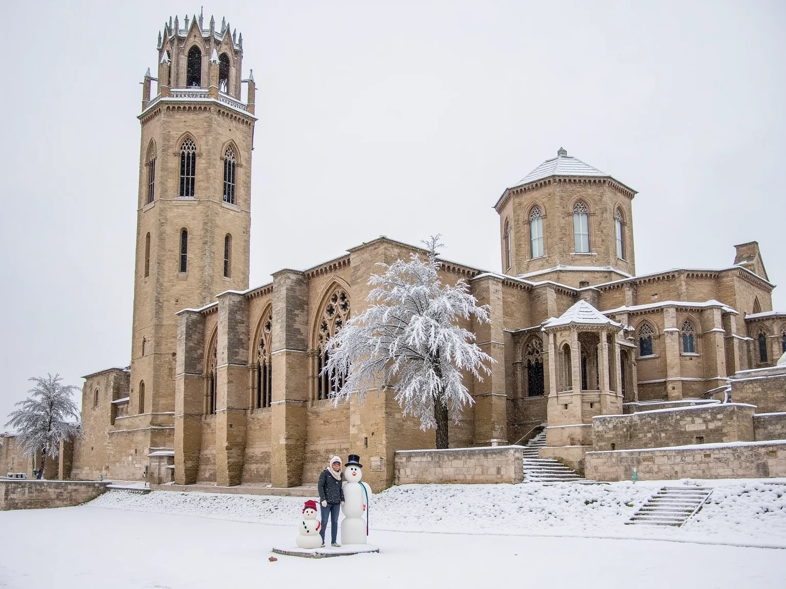 The Seu Vella cathedral blanketed in heavy snow, with thick layers covering the stone walls, roofs, and surrounding grounds. Icicles hang from the arches and ledges, adding a touch of winter magic to the ancient structure. A few cheerful snowmen stand nearby, contrasting with the solemn architecture, and a light mist shrouds part of the cathedral’s bell tower, creating a mysterious, wintry atmosphere. The sky is overcast, and a soft, diffused light enhances the serene and cinematic quality of the snow-covered landscape around the majestic cathedral.