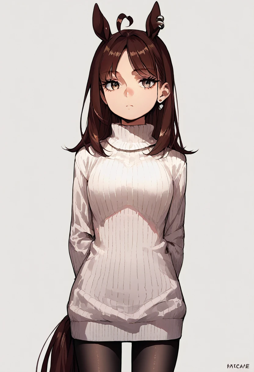 score_9, score_8_up, score_7_up, source_anime, rating_safe, solo, 1girl, manhattancafe, expressionless, looking at viewer, arms behind back, ahoge, white sweater, ribbed dress, sweater dress, black pantyhose, single earring, horse tail 