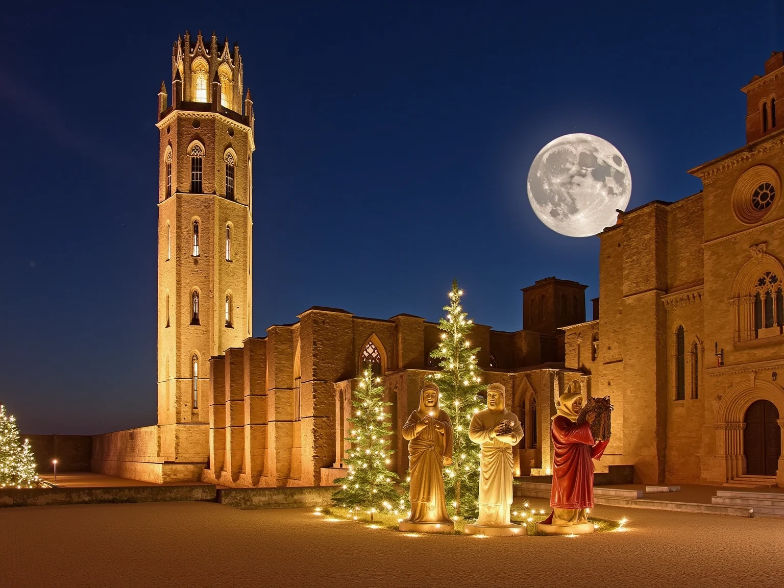 The Seu Vella cathedral beautifully adorned with countless Christmas lights, illuminating its gothic stone architecture with a warm, festive glow. In front of the cathedral, the Three Wise Men stand as lifelike statues, richly detailed in traditional attire, bringing gifts, adding to the scene's holiday spirit. Behind the cathedral’s tall tower, an enormous full moon rises, casting a silvery light across the scene. The combination of intricate Christmas decorations, the majestic architecture, and the glowing full moon creates an ultra-realistic, detailed, and magical atmosphere perfect for the holiday season