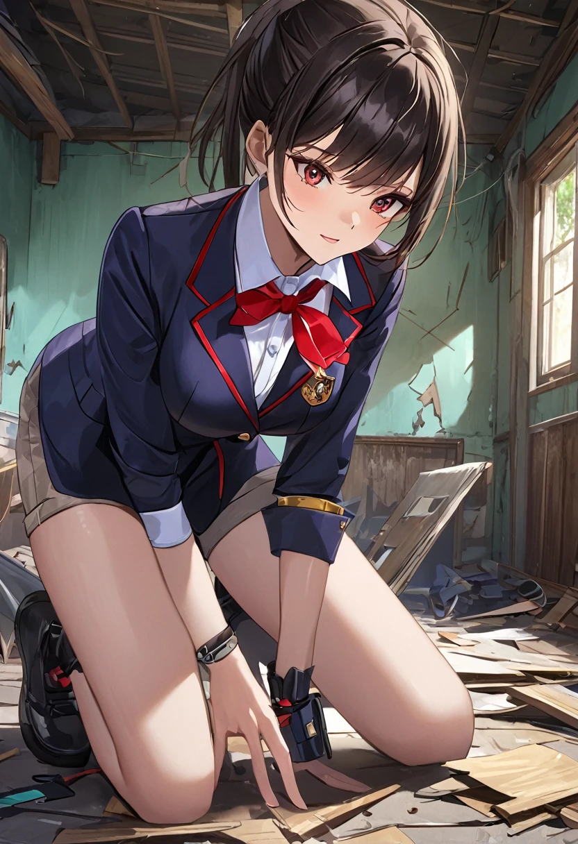  girl、On the floor of an abandoned house、 The floor is messy、Dynamic Expressions、blazer、 shorts