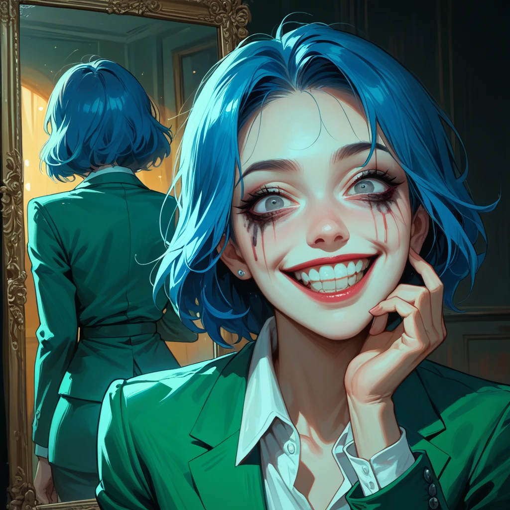 NSFW, erotic, perfect body, sexy, best quality, clear quality, high quality, 4K, 8k,  girl with short blue hair, with grey eyes, with joker makeup , In a green suit,  dark room with mirrors. red, crazy smile, straight short blue hair 