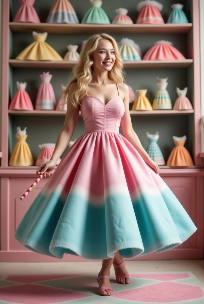 (masterpiece), best quality, expressive eyes, perfect faceStep into a confectionery dream where a realistic blonde model, channeling the grace of Annemarie Carpendale, dances with abandon amidst a candy shop’s enchantment. She’s draped in a full-body gown made of the softest cotton candy, hues of pink and blue swirling around her in a sugary haze. The dress, a masterpiece of edible fashion, ripples with every pirouette, catching the light with subtle glitter details that twinkle like stars. Her hands grasp a candy cane, repurposed as a stylish walking stick, guiding her dance steps. She leans forward, a dynamic pose capturing the essence of movement, her smile a radiant beacon of joy. Surrounding her, shelves burst with colorful candies, a kaleidoscope of sweetness that frames hegure. This tableau of delight blurs the lines between fantasy and reality, inviting onlookers to savor a moment of pure, whimsical indulgence.”