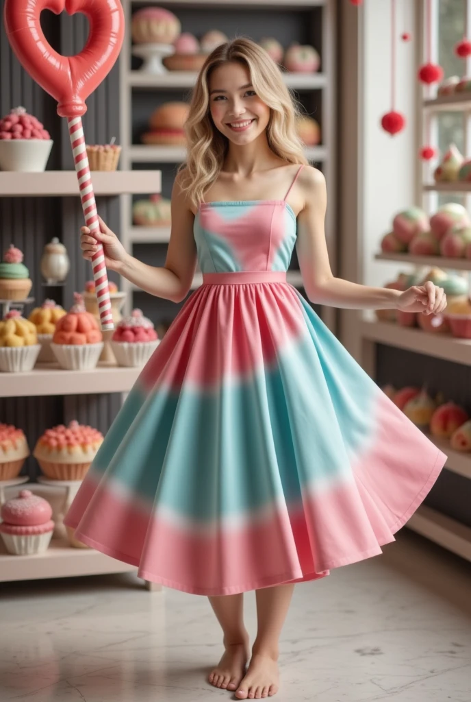 (masterpiece), best quality, expressive eyes, perfect faceStep into a confectionery dream where a realistic blonde model, channeling the grace of Annemarie Carpendale, dances with abandon amidst a candy shop’s enchantment. She’s draped in a full-body gown made of the softest cotton candy, hues of pink and blue swirling around her in a sugary haze. The dress, a masterpiece of edible fashion, ripples with every pirouette, catching the light with subtle glitter details that twinkle like stars. Her hands grasp a candy cane, repurposed as a stylish walking stick, guiding her dance steps. She leans forward, a dynamic pose capturing the essence of movement, her smile a radiant beacon of joy. Surrounding her, shelves burst with colorful candies, a kaleidoscope of sweetness that frames hegure. This tableau of delight blurs the lines between fantasy and reality, inviting onlookers to savor a moment of pure, whimsical indulgence.”