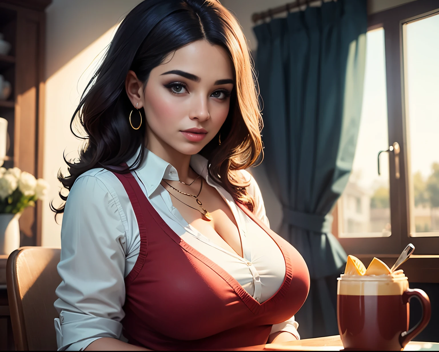 Create a detailed masterpiece featuring a curvy Iraqi mom in a private school uniform during morning breakfast time, with medium, soft, saggy breasts, adorned in a red, sweater vest, necklace