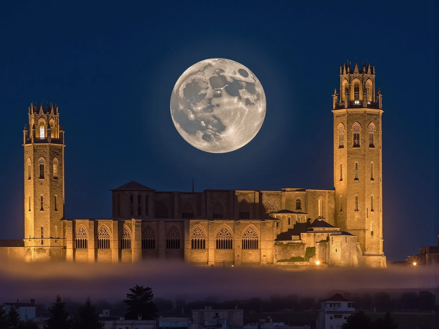 The Seu Vella cathedral adorned with countless Christmas lights, casting a warm and festive glow over its gothic architecture. A thick layer of mist surrounds the base of the cathedral, adding an ethereal and mysterious quality to the scene. Above, a massive, ultra-realistic full moon looms, illuminating the night sky with soft silver light that enhances the intricate details of the stone structure. The combination of sparkling holiday lights, dense fog, and the majestic full moon creates an immersive, cinematic, and enchanting atmosphere around the cathedral