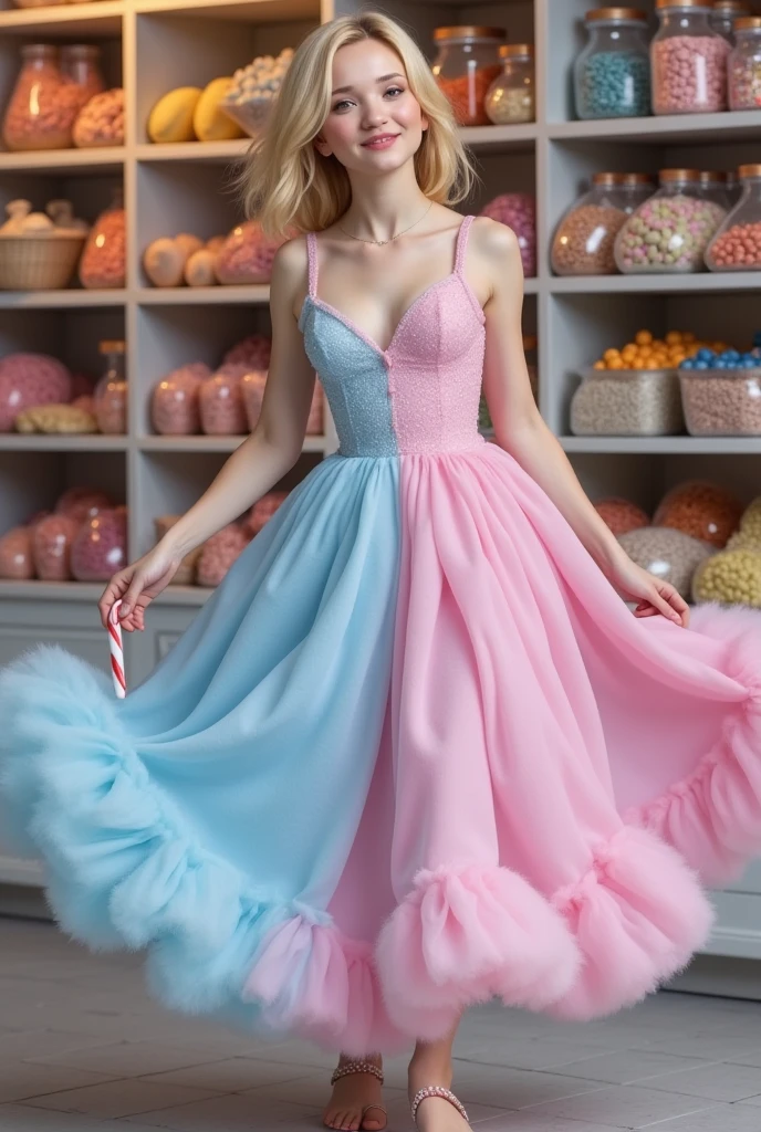 (masterpiece), best quality, expressive eyes, perfect faceStep into a confectionery dream where a realistic blonde model, channeling the grace of Annemarie Carpendale, dances with abandon amidst a candy shop’s enchantment. She’s draped in a full-body gown made of the softest cotton candy, hues of pink and blue swirling around her in a sugary haze. The dress, a masterpiece of edible fashion, ripples with every pirouette, catching the light with subtle glitter details that twinkle like stars. Her hands grasp a candy cane, repurposed as a stylish walking stick, guiding her dance steps. She leans forward, a dynamic pose capturing the essence of movement, her smile a radiant beacon of joy. Surrounding her, shelves burst with colorful candies, a kaleidoscope of sweetness that frames hegure. This tableau of delight blurs the lines between fantasy and reality, inviting onlookers to savor a moment of pure, whimsical indulgence.”