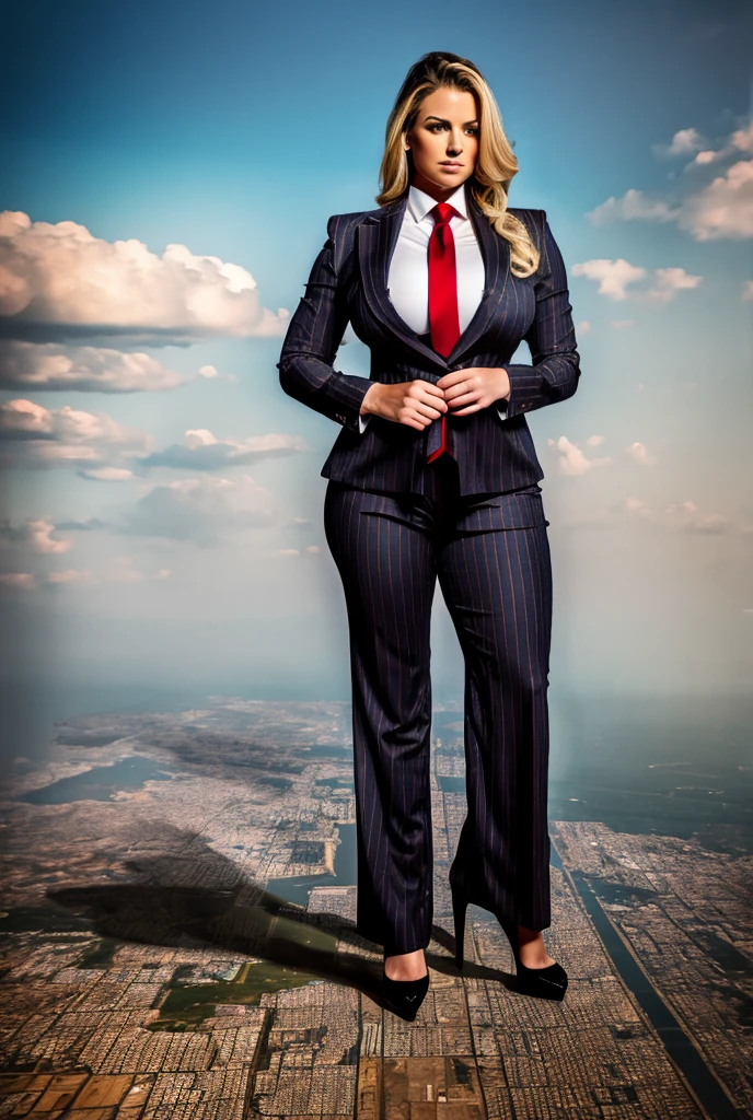 A sophisticated and stylish woman in a grey pinstriped trouser suit, white shirt, and a large wide necktie in a windsor knot, with a beautiful, curvaceous figure, massive breasts, and long blonde hair, with a curvaceous figure and massive breasts. wearing red rounded platform high heels with uncovered feet and standing, rampage-like pose, with a cityscape background of mega-city, urban sprawl, and small towns, partially obscured by a hazy, cloudy atmosphere. The image is a high-resolution, masterpiece-quality, cinematic, ultra-detailed, and hyper-photorealistic photograph, with perfect hands, face, and lighting. ultra-detailed, 8K, photo-realistic, hyper-realistic, masterpiece, intricate details, full body view. Looking at camera, The image is a high-resolution, masterpiece-quality, cinematic, ultra-detailed, and hyper-photorealistic photograph, with perfect hands, face, and lighting. ultra-detailed, 8K, photo-realistic, hyper-realistic, masterpiece, intricate details, full body view