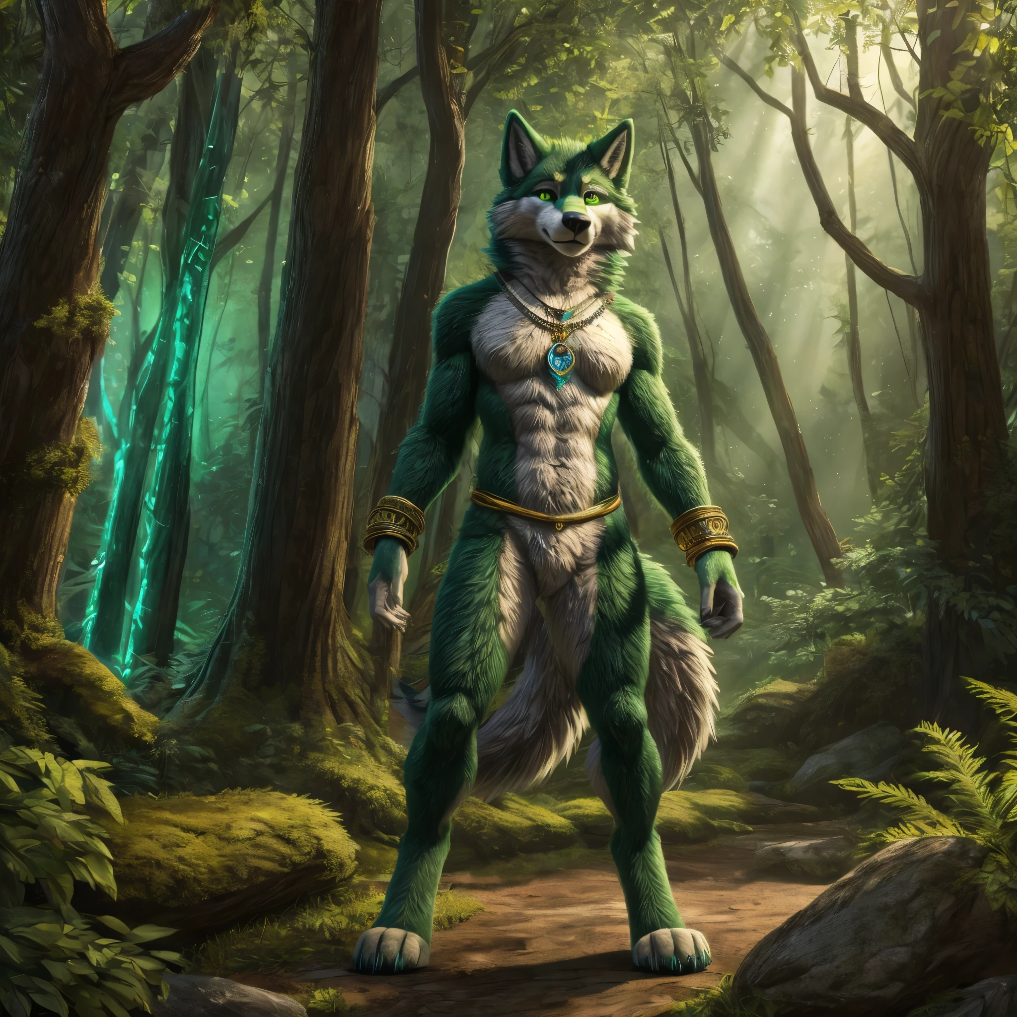  anthro green wolf with fur ,  furry detailed fur long fur realistic fur digital art, Fursuit, pelzige Fursona, furry character portrait, Fursuit!!!!, POV furry art, furry artist, furry character, Holo is a wolf , decorated bangle, Necklace, stands upright, Front view, (full body:1.3), Naked, in the forest