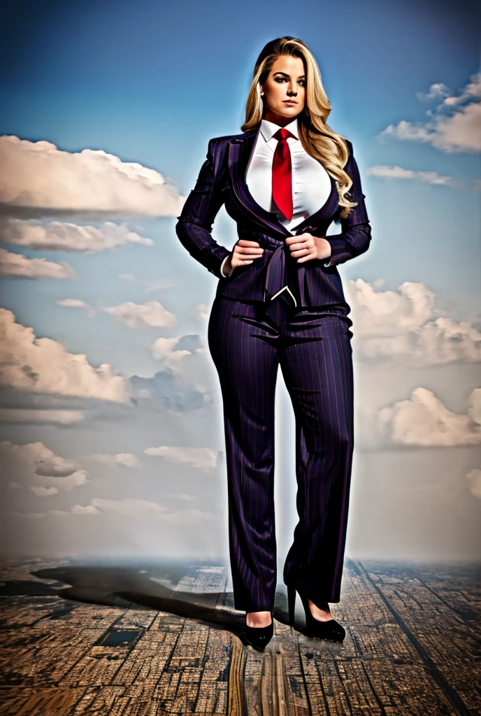 A sophisticated and stylish woman in a grey pinstriped trouser suit, white shirt, and a large wide necktie in a windsor knot, with a beautiful, curvaceous figure, massive breasts, and long blonde hair, with a curvaceous figure and massive breasts. wearing red rounded platform high heels with uncovered feet and standing, rampage-like pose, with a cityscape background of mega-city, urban sprawl, and small towns, partially obscured by a hazy, cloudy atmosphere. The image is a high-resolution, masterpiece-quality, cinematic, ultra-detailed, and hyper-photorealistic photograph, with perfect hands, face, and lighting. ultra-detailed, 8K, photo-realistic, hyper-realistic, masterpiece, intricate details, full body view. Looking at camera, The image is a high-resolution, masterpiece-quality, cinematic, ultra-detailed, and hyper-photorealistic photograph, with perfect hands, face, and lighting. ultra-detailed, 8K, photo-realistic, hyper-realistic, masterpiece, intricate details, full body view