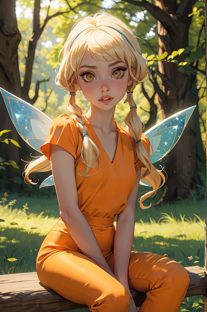 Stella, yellow eyes, blonde hair, FairyOutfit, twintails, long low pigtails, fairy wings, orange outfit, glittery clothes, sparkling clothing, looking at viewer, serious, parted lips, sitting, outside, forest, natural lighting, high quality, masterpiece,  broken wing