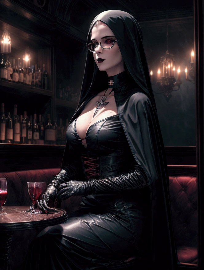 score_9, score_8_up, score_7, a picture of a beautiful Catholic nun sitting in a goth bar , sipping a dark red cocktail, wearing a white catholic nun habit, full body, slightly hiding the edge of white silk stocking, (vampiric fang: 1.3), wearing high heels, smirking, glasses, silver cross choker, make up, blond hair, long hair, eye reflection, intense azure eyes, light makeup, shy, blush, goth bar background, wine bottles, lit with candles, photorealistic, Realism, depth of field, cinematic lighting, dim light, full body, silhouette, from side, Ultra-Wide Angle, retina, UHD, best quality, 16k, highres, high details,