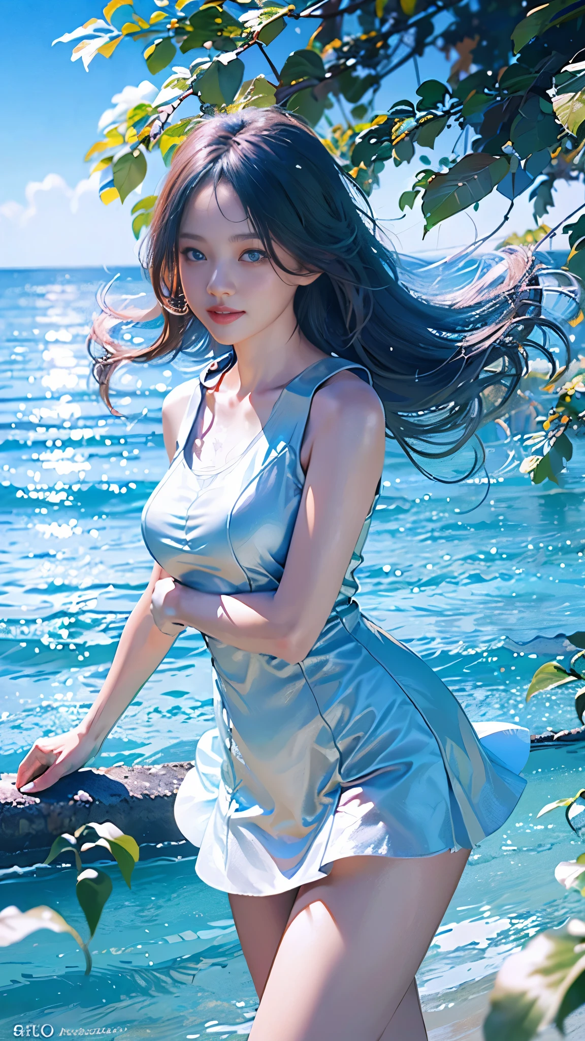 (((Sea，Blue Sky))),((Best Quality, 8K, Masterpiece: 1.3)), 1girl, Slim Abs Beauty: 1.3, Beautiful Dress, (Hairstyle Casual), Dress: 1.1, Delicate Eyes, Double Eyelids, Smile, Shining Details, White Background, Industrial Design, Studio Lighting, C4D, OC Renderer, Clean Shadows, 4K