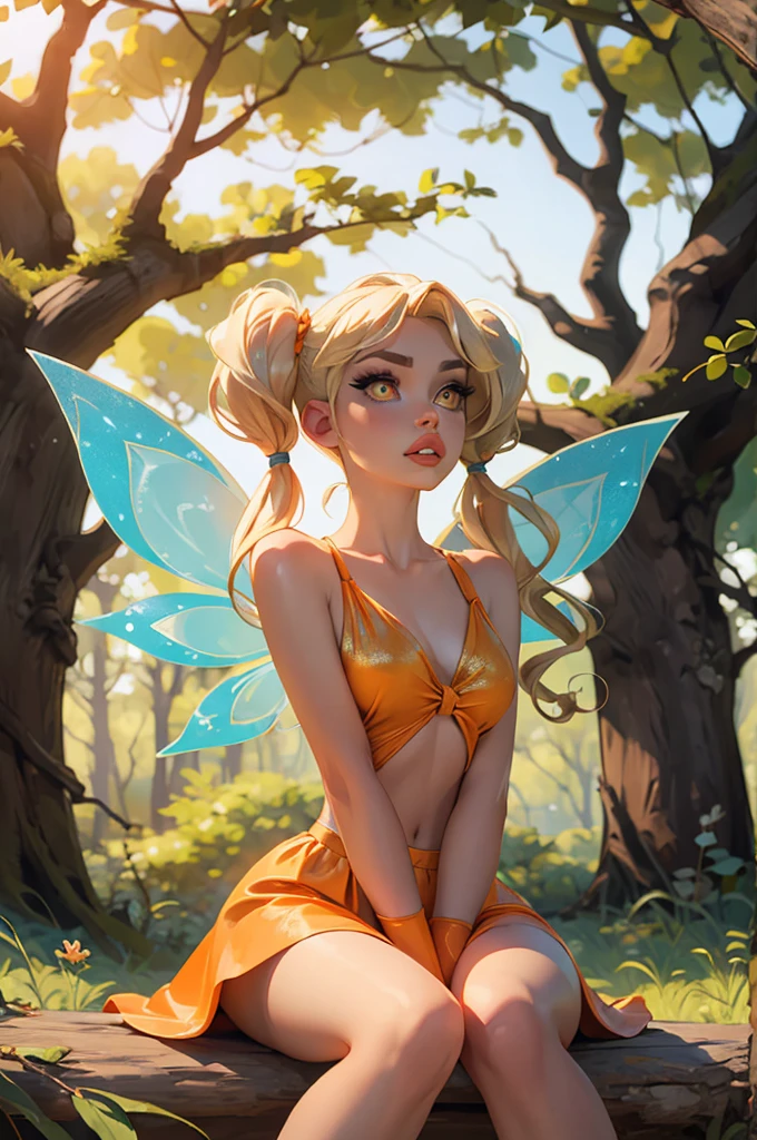 Stella, yellow eyes, blonde hair, FairyOutfit, twintails, long low pigtails, fairy wings, orange outfit, glittery clothes, sparkling clothing, looking at viewer, serious, parted lips, sitting, outside, forest, natural lighting, high quality, masterpiece,  broken wing