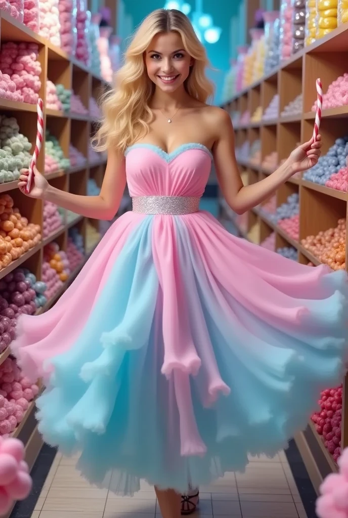 (masterpiece), best quality, expressive eyes, perfect faceStep into a confectionery dream where a realistic blonde model, channeling the grace of Annemarie Carpendale, dances with abandon amidst a candy shop’s enchantment. She’s draped in a full-body gown made of the softest cotton candy, hues of pink and blue swirling around her in a sugary haze. The dress, a masterpiece of edible fashion, ripples with every pirouette, catching the light with subtle glitter details that twinkle like stars. Her hands grasp a candy cane, repurposed as a stylish walking stick, guiding her dance steps. She leans forward, a dynamic pose capturing the essence of movement, her smile a radiant beacon of joy. Surrounding her, shelves burst with colorful candies, a kaleidoscope of sweetness that frames hegure. This tableau of delight blurs the lines between fantasy and reality, inviting onlookers to savor a moment of pure, whimsical indulgence.”