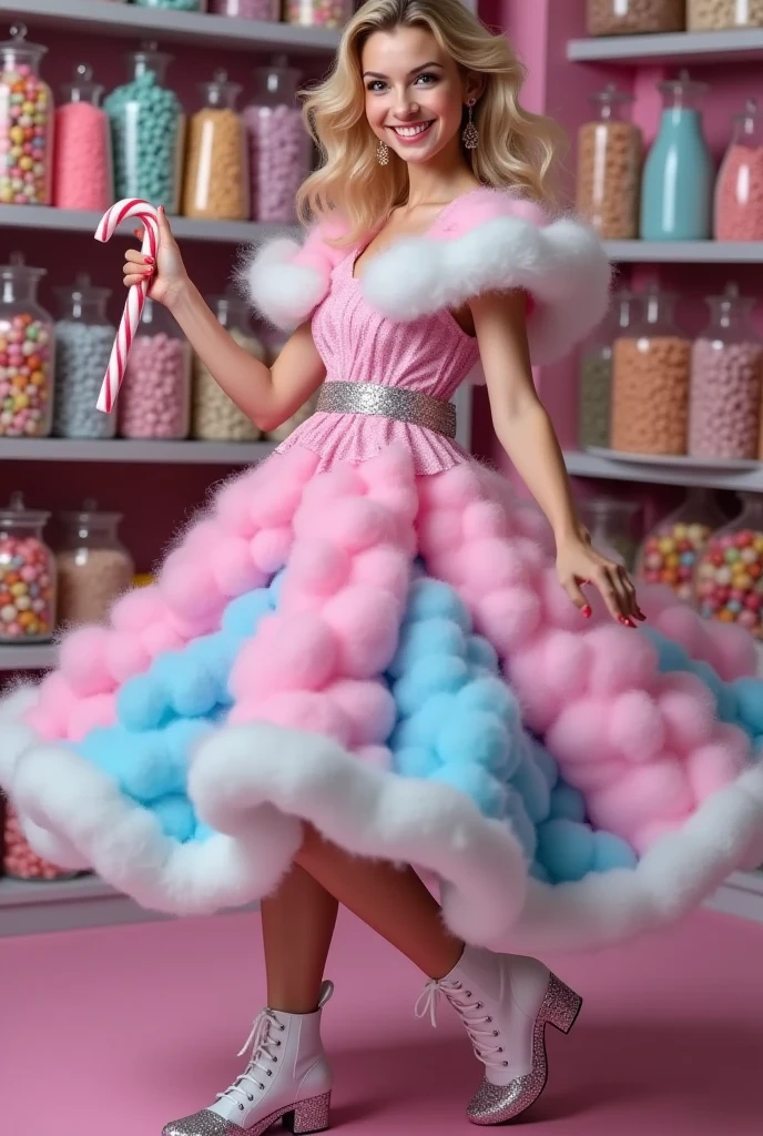 (masterpiece), best quality, expressive eyes, perfect faceStep into a confectionery dream where a realistic blonde model, channeling the grace of Annemarie Carpendale, dances with abandon amidst a candy shop’s enchantment. She’s draped in a full-body gown made of the softest cotton candy, hues of pink and blue swirling around her in a sugary haze. The dress, a masterpiece of edible fashion, ripples with every pirouette, catching the light with subtle glitter details that twinkle like stars. Her hands grasp a candy cane, repurposed as a stylish walking stick, guiding her dance steps. She leans forward, a dynamic pose capturing the essence of movement, her smile a radiant beacon of joy. Surrounding her, shelves burst with colorful candies, a kaleidoscope of sweetness that frames hegure. This tableau of delight blurs the lines between fantasy and reality, inviting onlookers to savor a moment of pure, whimsical indulgence.”