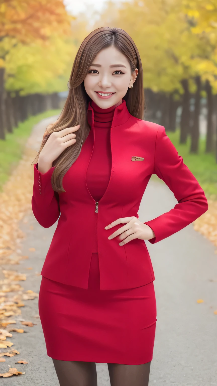  highest quality 、8k、masterpiece、  ultra high resolution 、Clear Photo、  PROFESSIONAL LIGHTING  、Natural Light、Realistic、 High Definition Skin、  perfect anatomy、 one woman、Age 30、baby face:1.8、Large Breasts、blonde、Beautiful Hair、Bob Hair、smile、(Tight Suit、 jacket、 turtleneck knit 、 Pencil Skirt 、pantyhose)、((Autumn park、 lots of fallen leaves ))、Standing and posing sexy、((( full body shot:1.3、 looking at the camera)))